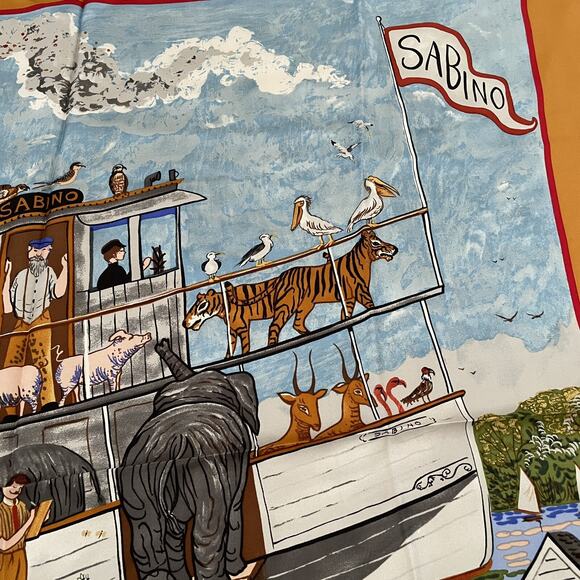 Elizabeth Mumford Mystic Seaport Museum 100% Silk Scarf Noah’s Arc Animals Folk - Picture 7 of 10